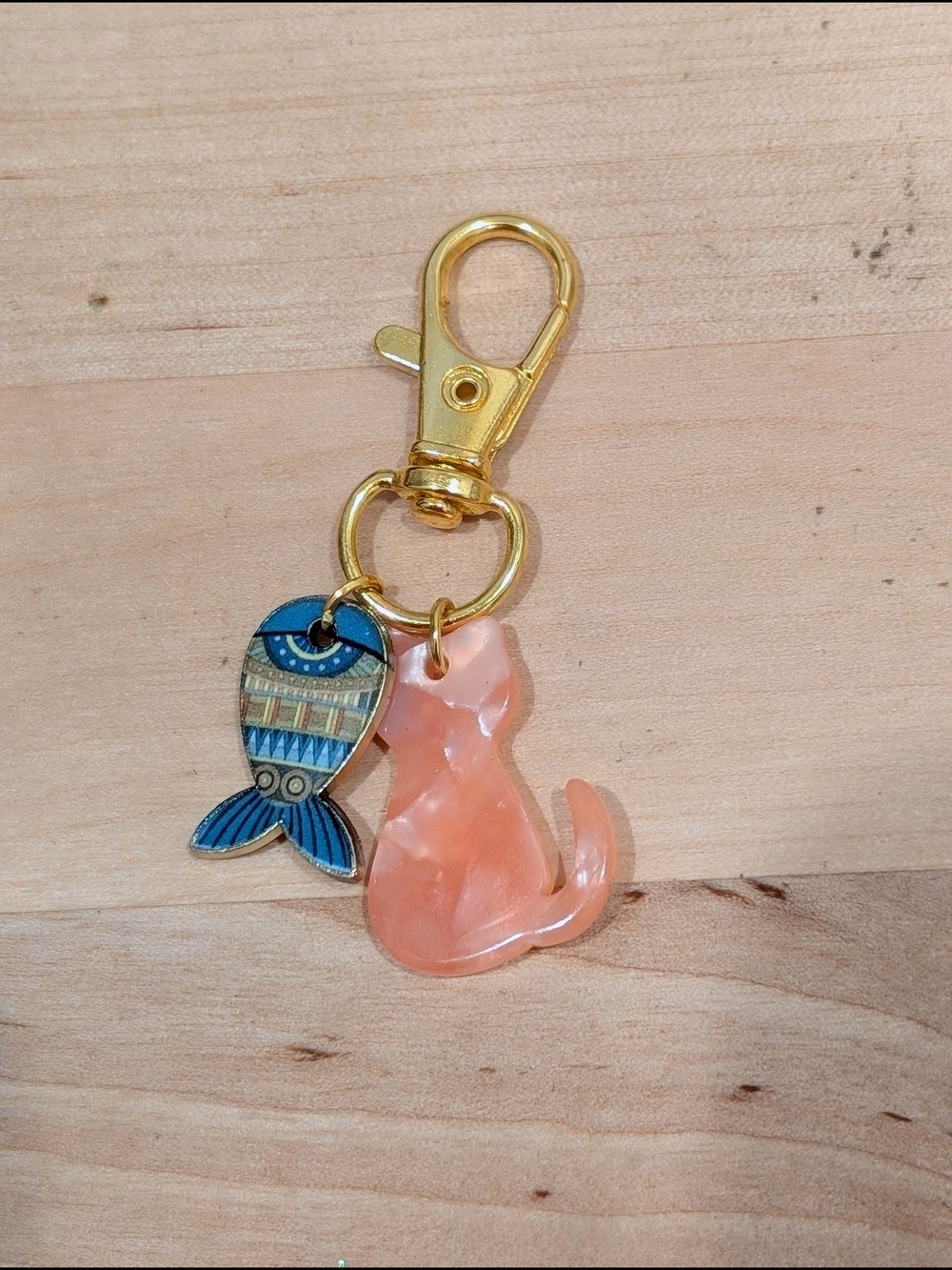 Gold Clip Keychain with Pink Cat Charm and Blue Fish Accent